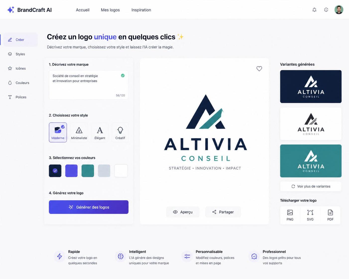 Créateur de logo ia : boostez votre image de marque facilement 2 découvrez notre créateur de logo ia pour concevoir un logo unique et professionnel en quelques clics. boostez facilement votre image de marque avec des designs modernes et personnalisés.